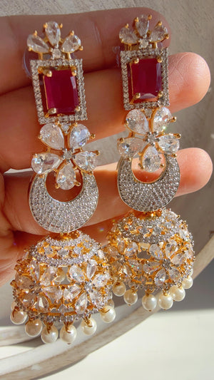 Anaya 2 Tone Chand diamond Ruby jhumka Earrings next to real/Indian Jewelry Indian Earrings/American Diamond jhumka/CZ Earrings