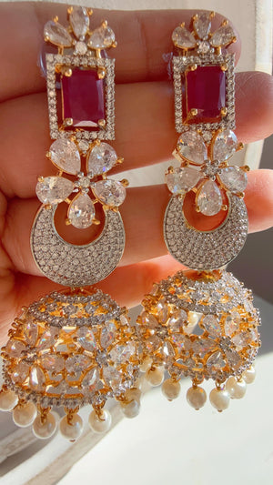 Anaya 2 Tone Chand diamond Ruby jhumka Earrings next to real/Indian Jewelry Indian Earrings/American Diamond jhumka/CZ Earrings