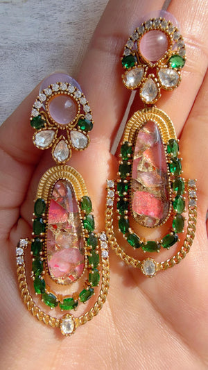 Kiran Sabyasachi-Inspired Moissanite Emerald Baby Pink Earrings/Elegant Statement Jewelry/ Moissanite Multi Earrings/Bridal Diamond earrings