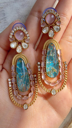 Kiran Sabyasachi-Inspired Moissanite Baby Pink Blue Earrings/Elegant Statement Jewelry/ Moissanite Multi Earrings/Bridal Diamond earrings