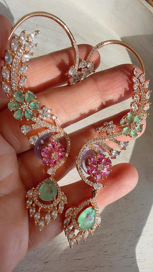 Diamond Earcuff Mint doublet Jhumkas/ear cuff jhumka / Mint Ruby Jhumkas /Indian wedding jewelry
