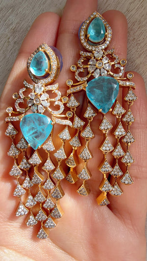 Moissanite kundan Firoza Earrings / American Diamond Earrings/ Statement doublet Danglers//Bridal Chandelier Earrings - Naina