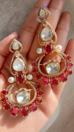 Moissanite kundan Ruby Earrings / American Diamond chandbali Earrings/ Statement Leopard Danglers//Bridal Chandelier Earrings/Pia
