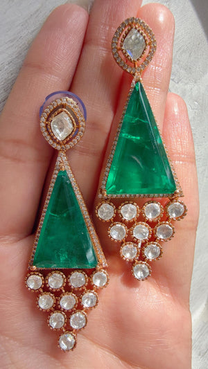 Geometric Pyramid Diamond Green Earrings /American Diamond chandbali Earrings/Statement Danglers/Bridal Chandelier Earrings/