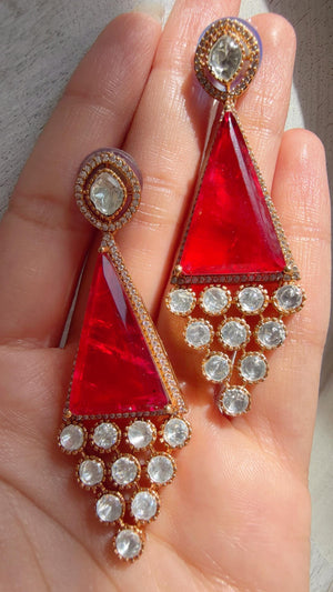 Geometric Pyramid Diamond Ruby Earrings /American Diamond chandbali Earrings/Statement Danglers/Bridal Chandelier Earrings/