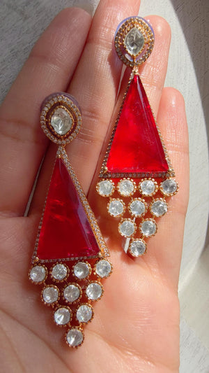 Geometric Pyramid Diamond Ruby Earrings /American Diamond chandbali Earrings/Statement Danglers/Bridal Chandelier Earrings/