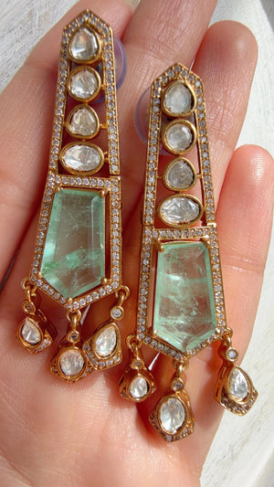 Moissanite Kundan Dangler Mint Earrings /American Diamond Doublet Earrings/Statement Danglers/Bridal Chandelier Earrings/Navi