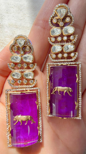 Moissanite Kundan Dangler Purple Earrings /American Diamond Doublet Leopard Earrings/Statement Danglers/Bridal Chandelier Earrings/Tanvi