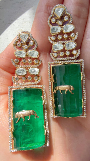 Moissanite Kundan Dangler Green Earrings /American Diamond Doublet Leopard Earrings/Statement Danglers/Bridal Chandelier Earrings/Tanvi