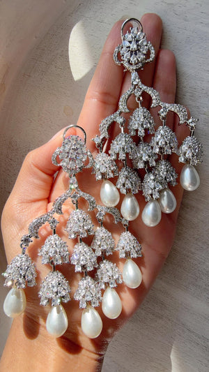 Rhodium look Diamond Pearl Chandelier/Chandbali Chandelier Earrings/Luxury Bridal Jewelry/Indian jhumka/Faith