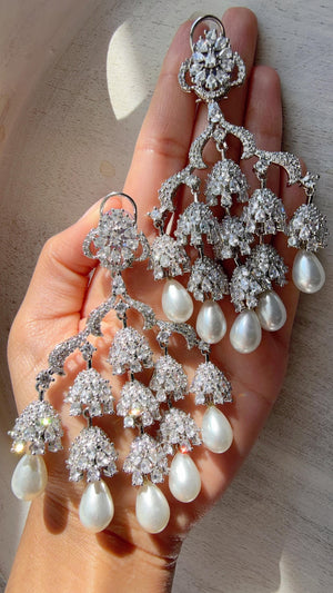 Rhodium look Diamond Pearl Chandelier/Chandbali Chandelier Earrings/Luxury Bridal Jewelry/Indian jhumka/Faith