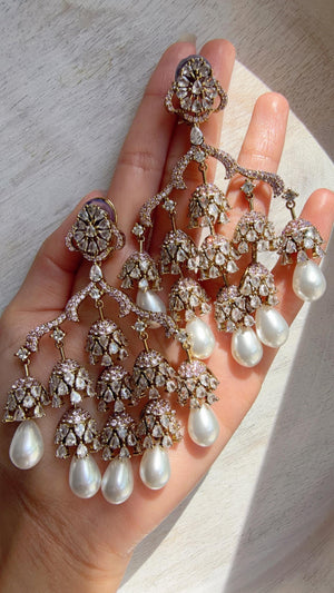 Mehendi look Diamond Pearl Chandelier/Baby Pink Chandbali Chandelier Earrings/Luxury Bridal Jewelry/Indian jhumka/Faith