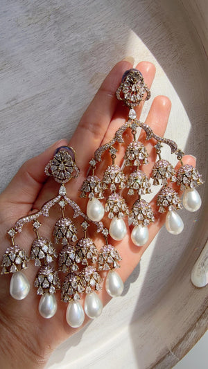 Mehendi look Diamond Pearl Chandelier/Baby Pink Chandbali Chandelier Earrings/Luxury Bridal Jewelry/Indian jhumka/Faith