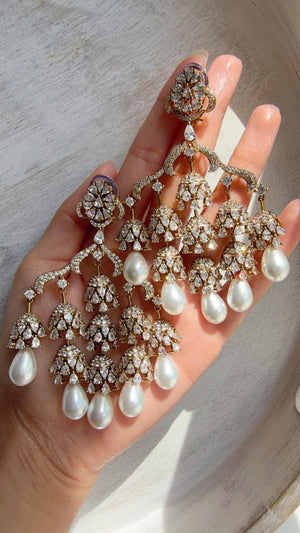 Mehendi Antique look Diamond Pearl Chandelier/ Chandbali Chandelier Earrings/Luxury Bridal Jewelry/Indian jhumka/Faith