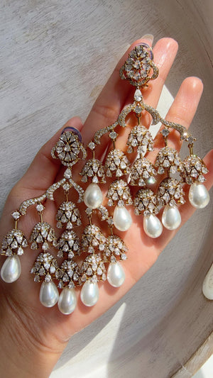 Mehendi Antique look Diamond Pearl Chandelier/ Chandbali Chandelier Earrings/Luxury Bridal Jewelry/Indian jhumka/Faith