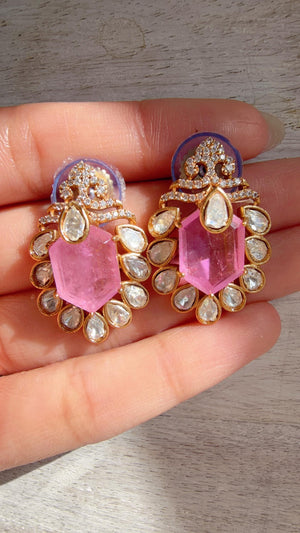 Baby Pink Moissanite Stone Earrings/Diamond Kundan Studs /Indian Jewelry /Statement Earring - Ankita