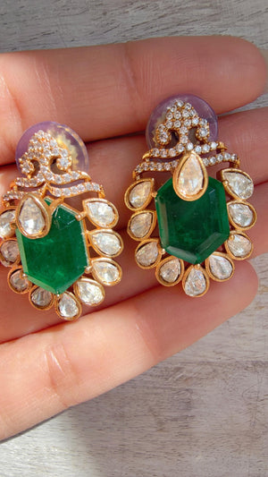 Green Moissanite Stone Earrings/Diamond Kundan Studs /Indian Jewelry /Statement Earring - Ankita