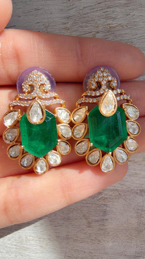Green Moissanite Stone Earrings/Diamond Kundan Studs /Indian Jewelry /Statement Earring - Ankita