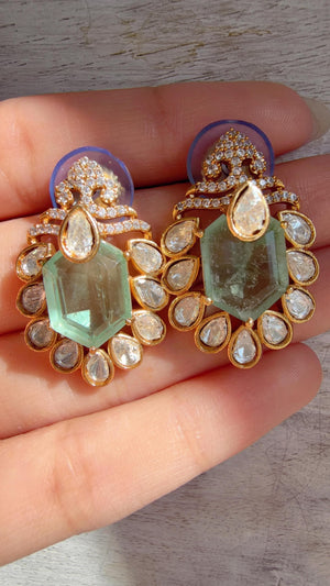 Mint Moissanite Stone Earrings/Diamond Kundan Studs /Indian Jewelry /Statement Earring - Ankita