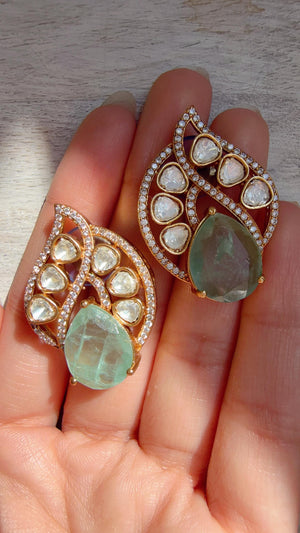 Mint Moissanite Stone Earrings/Diamond Kundan Studs /Indian Jewelry /Statement Earring - Rani
