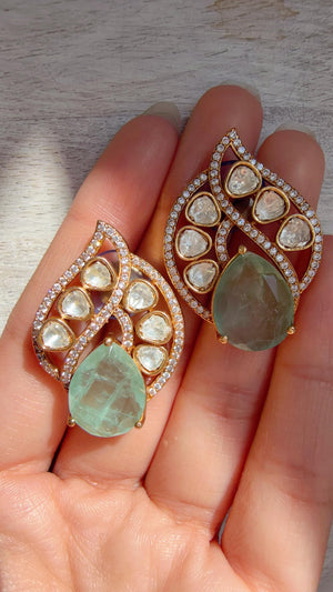 Mint Moissanite Stone Earrings/Diamond Kundan Studs /Indian Jewelry /Statement Earring - Rani