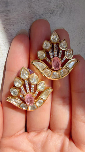 Moissanite Stone Baby pink Earrings/Diamond Kundan Studs /Indian Jewelry /Statement Earring/Women gifts