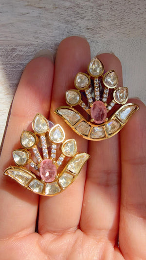 Moissanite Stone Baby pink Earrings/Diamond Kundan Studs /Indian Jewelry /Statement Earring/Women gifts
