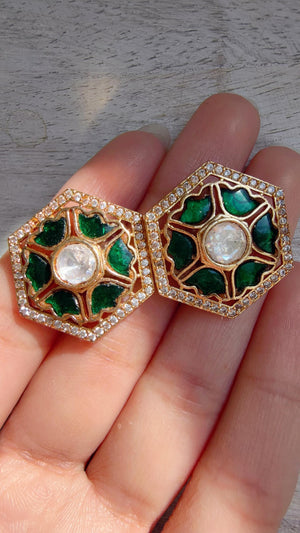 Moissanite Polki Meenakari green Kundan Studs /Indian Jewelry /Statement Kundan Earring/Diamond Studs - Seerat