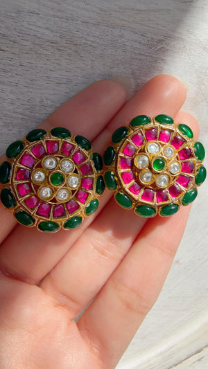 Moissanite Kundan Ruby green Studs /Indian Jewelry /Statement Kundan Earring/Diamond Studs - Amrapali inspired