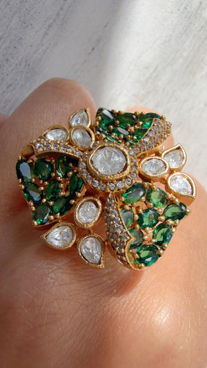 Green Cocktail ring/Bridal Kundan Moissanite diamond Ring/Adjustable Ring/Pave setting Ring /Indian Wedding jewelry/