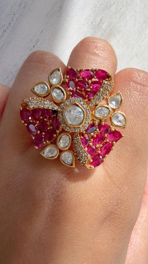 Ruby Cocktail ring/Bridal Kundan Moissanite diamond Ring/Adjustable Ring/Pave setting Ring /Indian Wedding jewelry/
