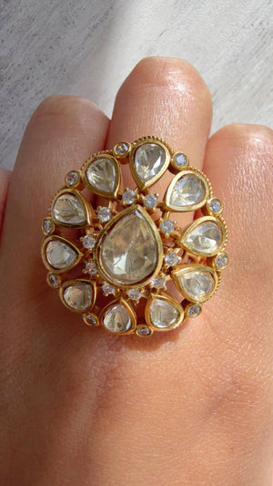 Gold kundan Statement ring/Bridal Kundan Moissanite diamond Ring/Adjustable Ring/Indian Wedding jewelry/