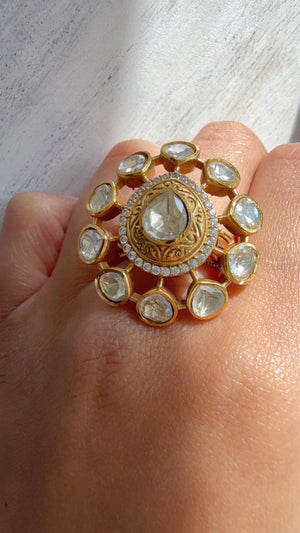 Gold Meenakari work Statement ring/Bridal Kundan Moissanite diamond Ring/Adjustable Ring/Indian Wedding jewelry/