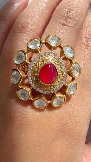 Ruby Meenakari work Statement ring/Bridal Kundan Moissanite diamond Ring/Adjustable Ring/Indian Wedding jewelry/