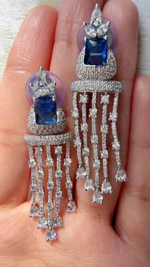 Crystal Tassel Statement Drop Blue Earrings/Bridal earrings / Indian Wedding Danglers/Drop Dangle Earrings