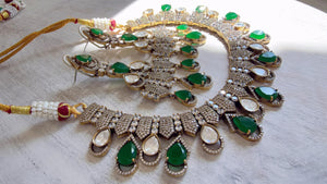 Emerald Green Victorian Stone Bridal Necklace Set | Moissanite Polki Kundan Necklace | Indian Wedding Jewelry | Statement Necklace - Anna