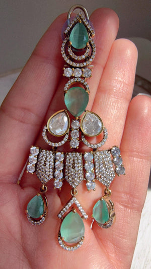 Mint Victorian Stone Bridal Necklace Set | Moissanite Polki Kundan Necklace | Indian Wedding Jewelry | Statement Necklace - Anna