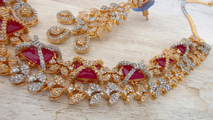 Ruby 2 Tone Bridal Diamond Necklace Set | Moissanite CZ Necklace | Indian Wedding Jewelry | Statement Necklace - Sam