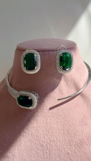 Emerald Green Hasli Necklace and Stud Earrings Set | Moissanite CZ Jewelry | Luxury Statement Set - Hellen