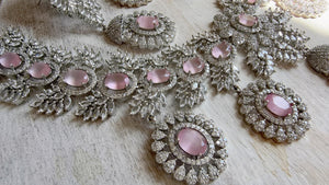Baby Pink Rhodium Bridal Necklace Set with Earrings and Maang Tikka | CZ Indian Wedding Jewelry | Statement Necklace - Kajol