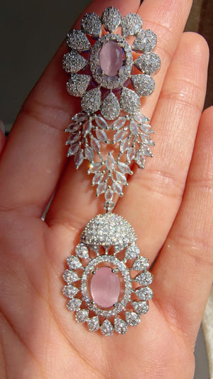 Baby Pink Rhodium Bridal Necklace Set with Earrings and Maang Tikka | CZ Indian Wedding Jewelry | Statement Necklace - Kajol
