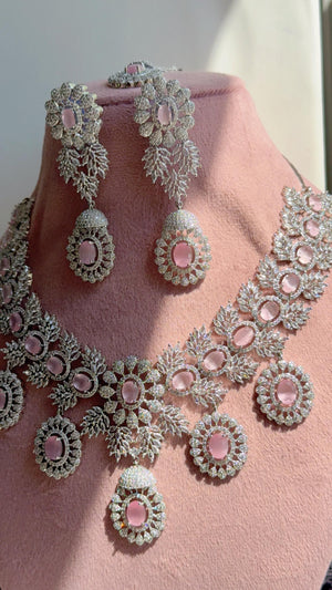 Baby Pink Rhodium Bridal Necklace Set with Earrings and Maang Tikka | CZ Indian Wedding Jewelry | Statement Necklace - Kajol