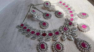 Pink Rhodium Bridal Necklace Set with Earrings and Maang Tikka | CZ Indian Wedding Jewelry | Statement Necklace - Kajol