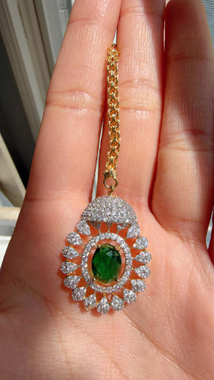 Emerald Green 2 Tone Bridal Necklace Set with Earrings and Maang Tikka | CZ Indian Wedding Jewelry | Statement Necklace - Kajol