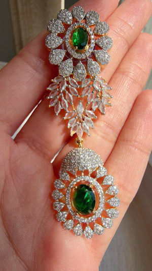 Emerald Green 2 Tone Bridal Necklace Set with Earrings and Maang Tikka | CZ Indian Wedding Jewelry | Statement Necklace - Kajol