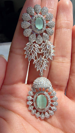 Mint Rhodium Bridal Necklace Set with Earrings and Maang Tikka | CZ Indian Wedding Jewelry | Statement Necklace - Kajol