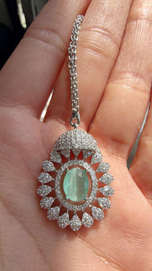 Mint Rhodium Bridal Necklace Set with Earrings and Maang Tikka | CZ Indian Wedding Jewelry | Statement Necklace - Kajol