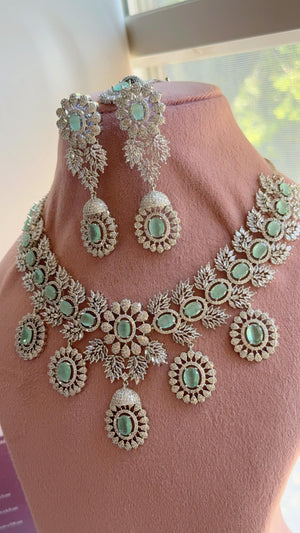 Mint Rhodium Bridal Necklace Set with Earrings and Maang Tikka | CZ Indian Wedding Jewelry | Statement Necklace - Kajol