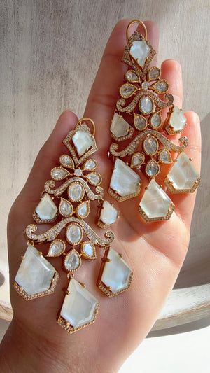 Statement Moissanite Mother of Pearl doublet Earrings/Elegant Long Drop Large Earrings |/kundan Earrings/Sia Bridal Diamond earrings