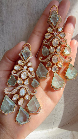 Statement Moissanite Mint doublet Earrings/Elegant Long Drop Large Earrings |/kundan Earrings/Sia Bridal Diamond earrings
